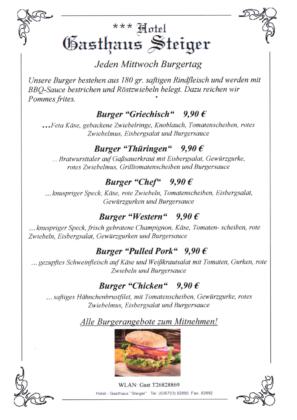 Hotel Gasthaus Steiger Speisekarte: Burger am Mittwoch
