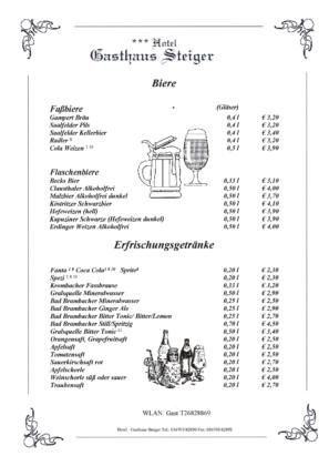 Hotel Gasthaus Steiger Speisekarte:  Getränke