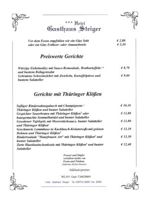Hotel Gasthaus Steiger Speisekarte: Preiswerte Gerichte & Speisen mit Thüringer Klößen