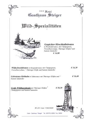 Hotel Gasthaus Steiger Speisekarte: Wild-Spezialitäten